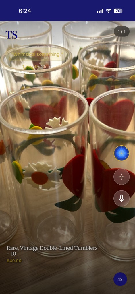 Product listing screen showing vintage tumblers