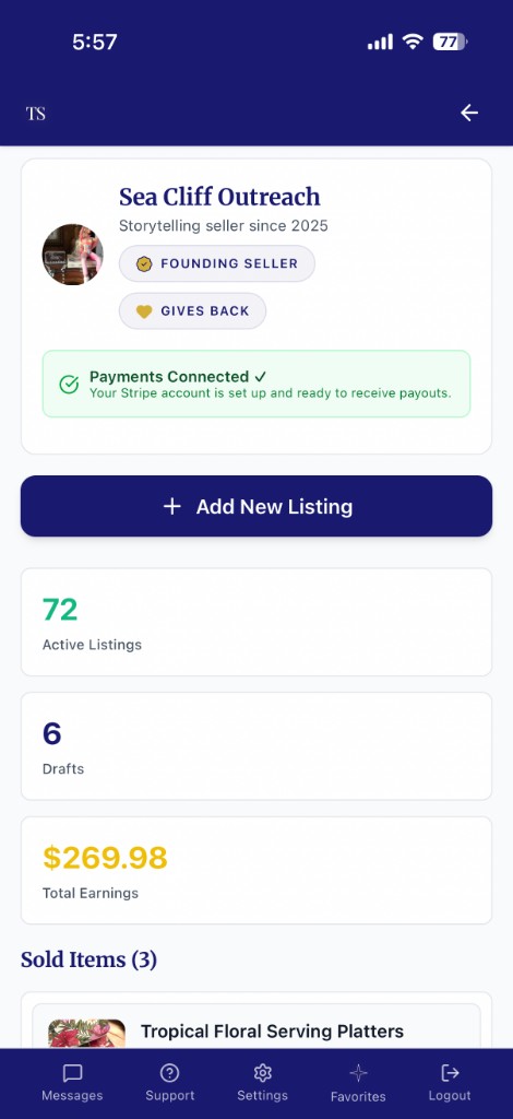 Seller dashboard showing trusted seller profile and payouts